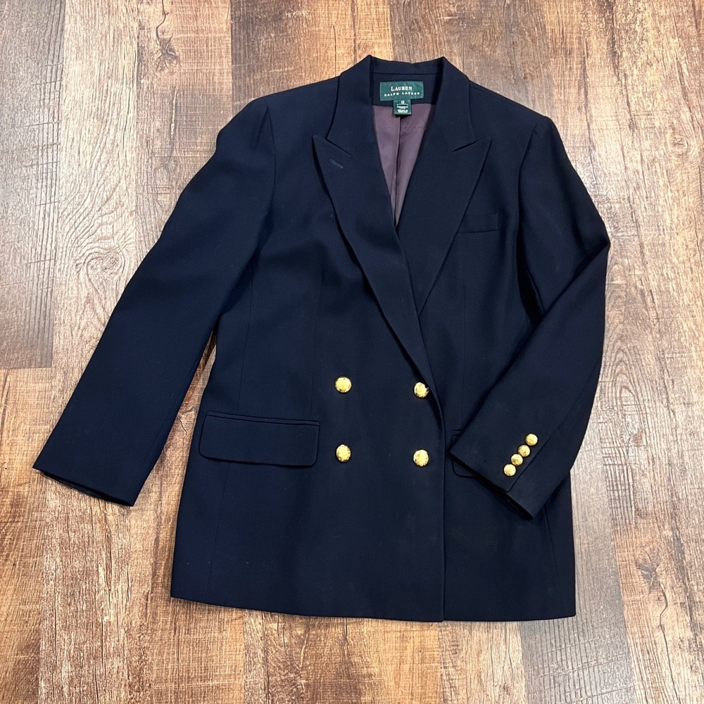 Lauren Ralph Lauren USA Navy Blue Worsted Wool Double Breasted Blazer Size 12 - Picture 2 of 9